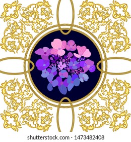 Beautiful silk scarf with complicated golden ornaments and floral elements. Baroque scrolls, cords and abstract flowers inspired by oriental arts. Vintage textile collection. On white background.