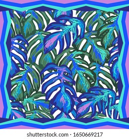 Beautiful silk scarf with monstera leaves. Print with bold tropical shapes. Summer textile design collection. Turquoise colors palette.