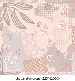 Beautiful silk scarf pattern design with floral and geometric, in abstract and elegant style. Design for Hijab accessories, headscarves, bandanas, fabrics, fashion, shawls, and wallpapers.