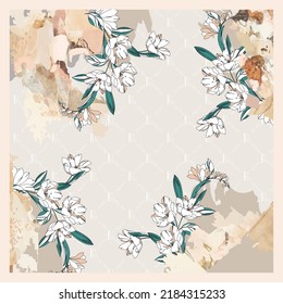 Beautiful silk scarf printed pattern design with floral and geometric, in abstract and elegant style. Design for accessories Hijab, kerchief, bandana, fabric, fashion, shawl, and wallpaper