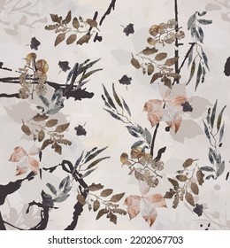 Beautiful silk scarf printed pattern design with floral ecoprint and geometric, in abstract and elegant style. Design for accessories Hijab, kerchief, bandana, fabric, fashion, shawl, and wallpaper
