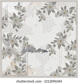 
Beautiful silk scarf printed pattern design with floral and geometric, in abstract and elegant style. Design for accessories Hijab, kerchief, bandana, fabric, fashion, shawl, and wallpaper