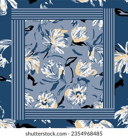 Beautiful silk scarf printed pattern design with floral and geometric, in abstract and elegant style. Design for accessories Hijab, kerchief, bandana, fabric, fashion, shawl, and wallpaper