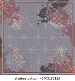 Beautiful silk scarf printed pattern design with floral and geometric, in abstract and elegant style