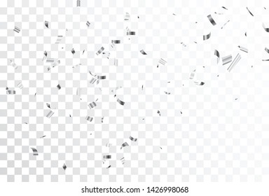 Beautiful Silver Confetti And Ribbon , Isolated On Transparent Background 