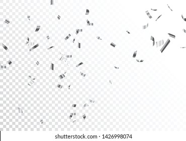 Beautiful Silver Confetti And Ribbon , Isolated On Transparent Background 