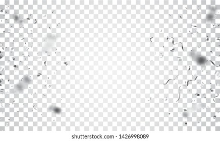 Beautiful silver confetti and ribbon , isolated on transparent background 