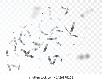Beautiful silver confetti and ribbon , isolated on transparent background 