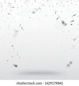Beautiful silver confetti and ribbon , isolated on transparent background