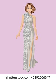 Beautiful silver dress with a beautiful girl.Silver evening dress vector.