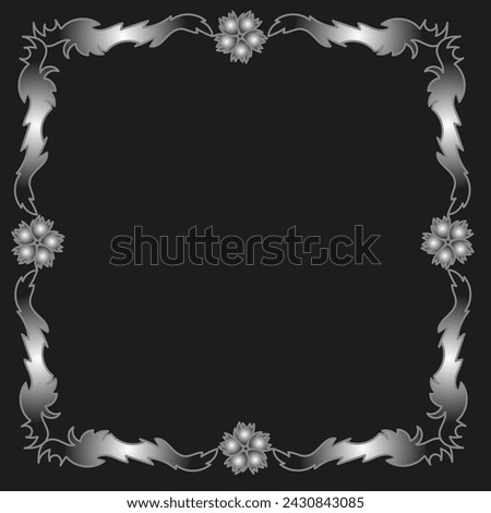 Beautiful silver frame in the form of flowers and leaves on a black background
