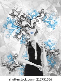 Beautiful silver girl with doodle abstract mask or card of carnival or of celebration or stylish clothes shop