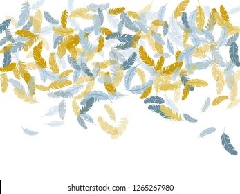 Beautiful silver gold feathers vector background. Plumage fluff dreams symbols. Smooth plumelet tribal ornate graphics. Falling feather elements soft vector design.