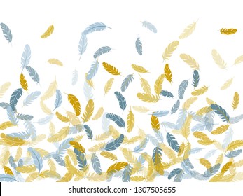 Beautiful silver gold feathers vector background. Plumage glamour fashion shower decor. Fluffy twirled feathers on white design. Decorative confetti of festive plumelet.