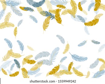 Beautiful silver gold feathers vector background. Plumage trendy fashion shower decor. Falling feather elements soft vector design. Lightweigt plumelet windy floating pattern.