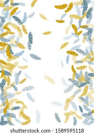 Beautiful silver gold feathers vector background. Fluffy twirled feathers on white design. Angel wing plumage concept. Smooth plumelet tribal ornate graphics.