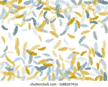 Wunderschönes Silbergold Federn Vektorillustration Hintergrund. Fallende Federelemente weichen Vektorillustration Design. Plumage Flöff Träume Symbole. Dekorationskonfetti aus Karneval-Klempner.