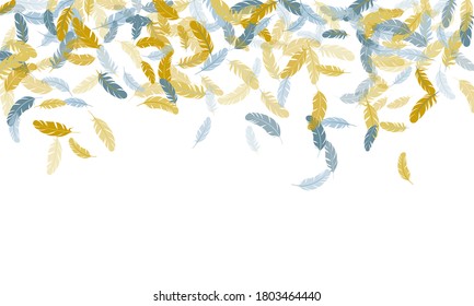 Beautiful silver gold feathers vector background. Angel wing plumage concept. Falling feather elements soft vector design. Lightweigt plumelet windy floating pattern.