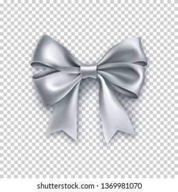 Beautiful silver ribbon bow with shadow isolated on transparent background. Realistic decoration for holidays gifts. Beautiful decor object vector illustration. Wedding or valentine's day decoration.