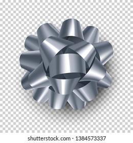 Beautiful silver ribbon bow with shadow isolated on transparent background. Realistic decoration for holidays gifts. Elegant decor object vector illustration. Wedding or valentine's day decoration.