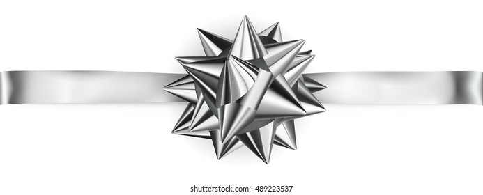 Beautiful silver shiny bow with horizontal ribbon with shadow