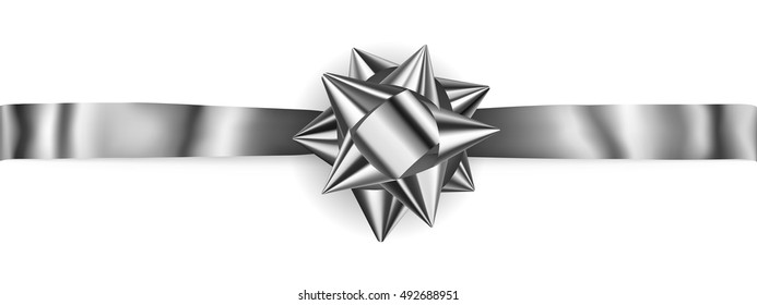 Beautiful silver shiny bow with horizontal ribbon with shadow