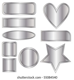Beautiful silver vector metal buttons, heart and star over white background