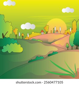 Beautiful Simple 2d cartoon vector illustration of a nature landscape and Sunset on a village field with trees and bush.