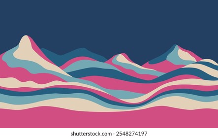 Beautiful simple abstract mountain peaks landscape made from colorful simple wavy shapes. Pink and blue colors