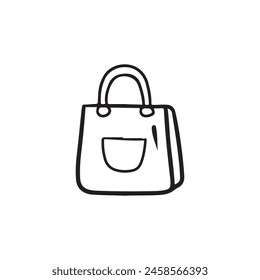 Beautiful simple bag with pocket in black isolated on white background Hand drawn vector sketch illustration in doodle engraved line art vintage style. Accessory for fashion look, concept of shopping.