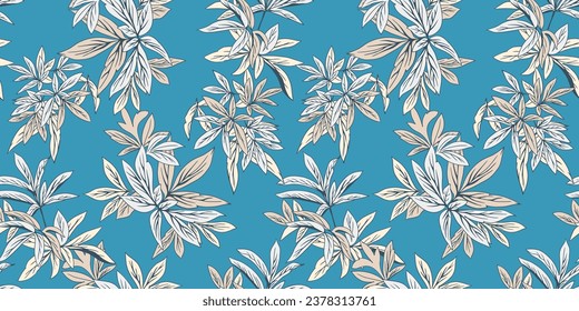 Beautiful simple branches leaves seamless pattern. Vector hand drawn.  Abstract, artistic leaf stems on a blue back print. Template for design, textile, fashion, print, surface design, fabric