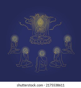 Beautiful simple clean vector for Asarnha Bucha Buddhist holiday, gold stroke Buddha sitting on lotus under the big tree and  five monks sitting on dark blue background. vintage retro style.