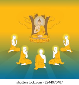 Beautiful simple clean vector for Asarnha Bucha Buddhist holiday, color  Buddha sitting on lotus under the big tree and  five monks sitting on gradient background. vintage retro style.