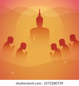 Beautiful simple clean vector for Asarnha Bucha and Buddhist holiday, the great Buddha sitting among five monks with moon and star on orange wave background in warm monotone vintage retro style.