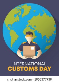 The beautiful simple clean vector for International Customs Day show a customs officer in uniform carrying a cargo box behind with a globe world on dark purple background with modern text font.