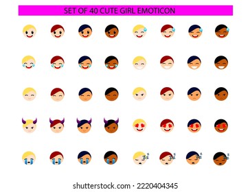 Beautiful Simple Cute Emoticon Emoji Girl Or Woman With Various Skin And Hair Color Vector