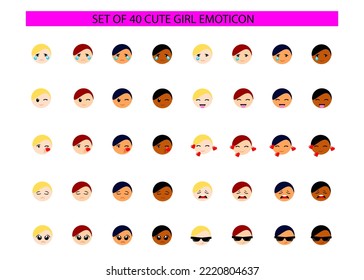 Beautiful Simple Cute Emoticon Emoji Girl Or Woman With Various Skin And Hair Color Vector