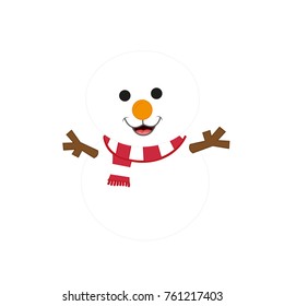 beautiful simple cute small snowman with coal black eyes, tree brown branches as arms and hands, wearing a striped red and white scarf during the winter weather holidays 
