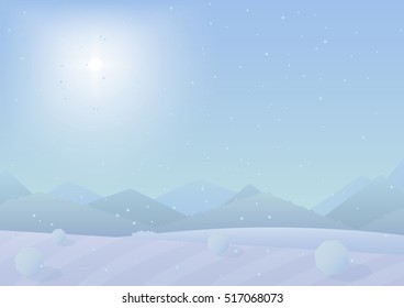 Beautiful simple flat Christmas winter mountains landscape background. New Year vector greeting card.