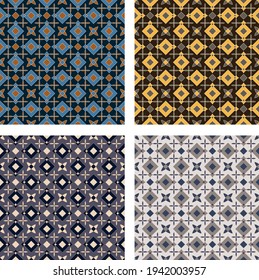 beautiful simple geometric seamless pattern. overlapping diamonds, polygons, stroke segments grouped and arranged in rows. a set of four vector images in different colors 