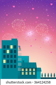 Beautiful simple graphic of a couple watching fireworks at hotel or apartment balcony with hearts shape on the air