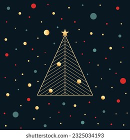 Beautiful simple graphic golden Christmas tree with star on dark navy background with colorful confetti. Christmas Happy New Year greeting card template in retro vintage style