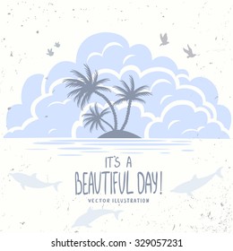 beautiful and simple illustration with silhouette clouds and island with palm trees