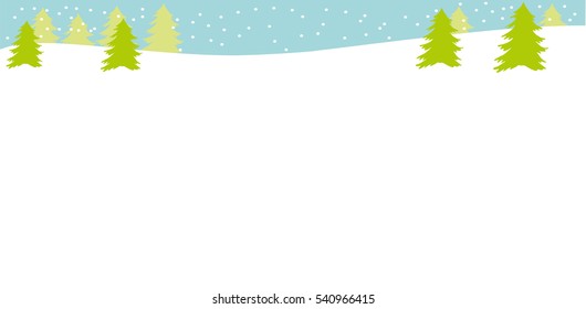 Beautiful simple landscape with Christmas trees, snowbank and snow. Winter background. Flat style Winter or Christmas web banner Vector illustration Horizontal