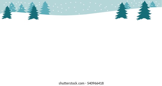 Beautiful simple landscape with Christmas trees, snowbank and snow with copy space. Winter background Flat style. Blue color Winter or Christmas web banner  Vector illustration Horizontal