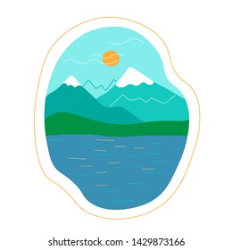 Beautiful simple landscape with a panorama of mountains and a pond in a frame. The glare of the sun on the water. Vector illustration isolated on white.