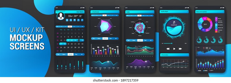 Beautiful and Simple Mobile App with Gradient colors. UI, UX, KIT Mockups Smartphone Screens with infographic, pie charts, diagrams, infocharts and other analytic information. Vector Mobile App