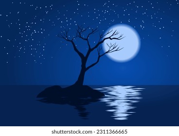 Beautiful simple moonlight night illustration with tree silhouette and stars