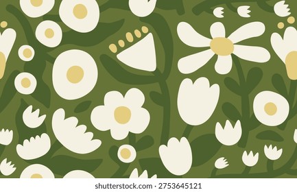 Beautiful simple naive flowers seamless pattern. Collection of spring or summer flora. Stickers plants and flowers. Set of vector bloom in cartoon doodle modern style. Childish illustration print.