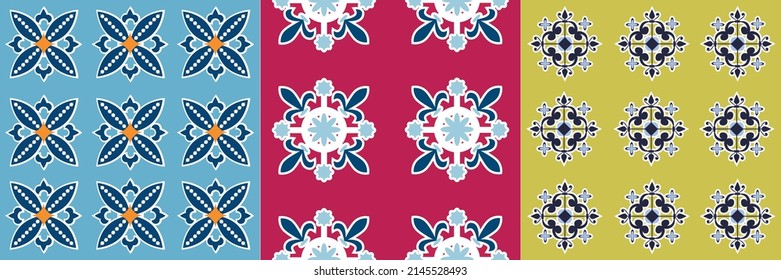 Beautiful simple patterns, seamless and stylish for print, internet or background. 3 pieces, color scheme - blue, red and green.